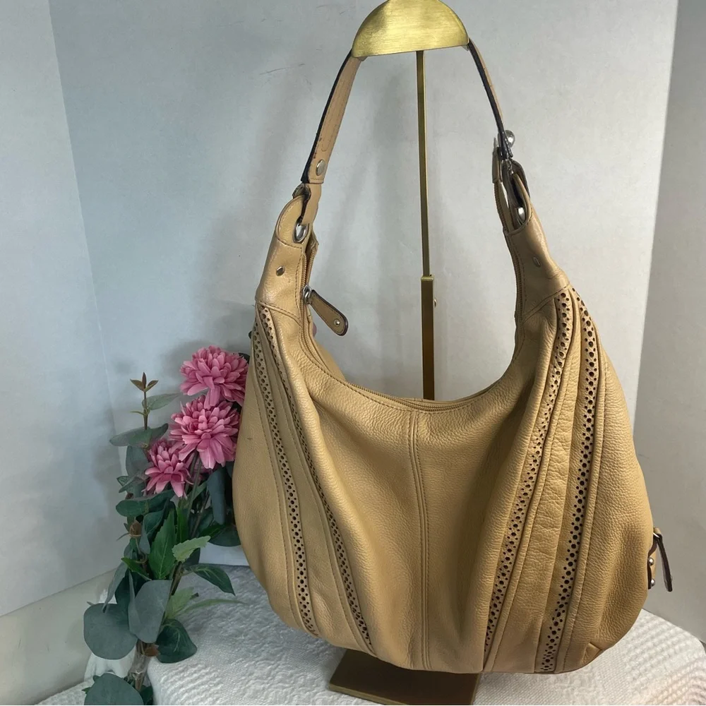 Tignanello Beige‎ Tan Leather Perforated Hobo Shoulder Bag